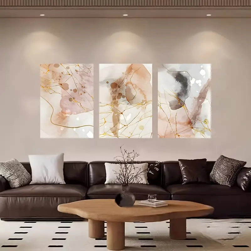 3pcs Abstract Splatter Ink Gold Pink Metal Print Ready to Hang Art