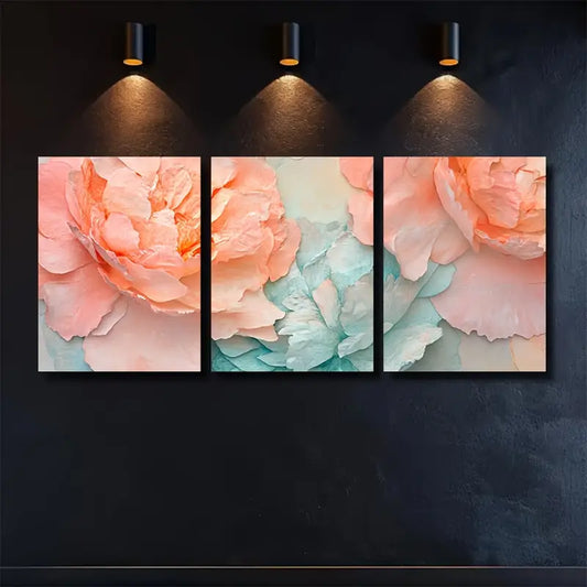 3pcs Summer Peony Petals in Peach & Aqua Wall Art Set Canvas Framed 40x60cm - High Quality Print 100% Australian Made Wall Canvas Ready to Hang