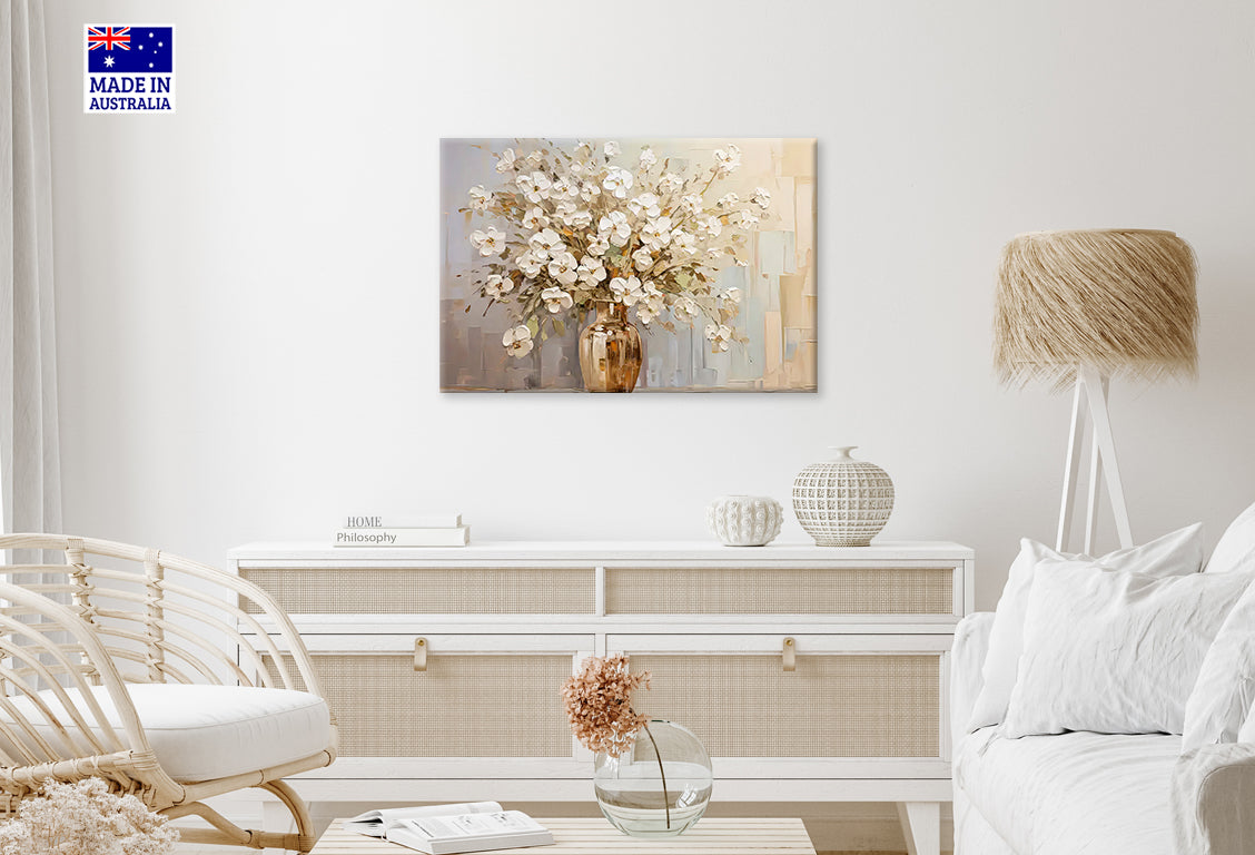 Painting of a Vase with Golden Flowers Print 100% Australian Made 60x40cm Stretched Canvas Ready to Hang