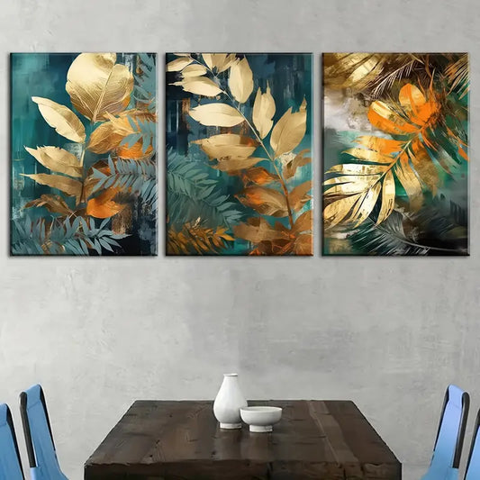 3pcs Featuring Natural Plant Gold Leaves Metal Print Ready to Hang Art