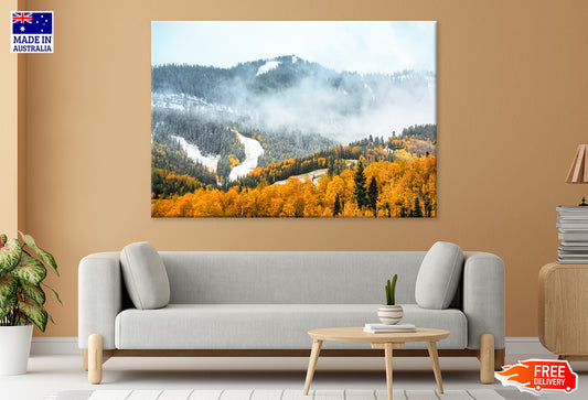 Foggy Mountain & Autumn Trees Print 100% Australian Made Stretched Canvas Ready to Hang - NT-107