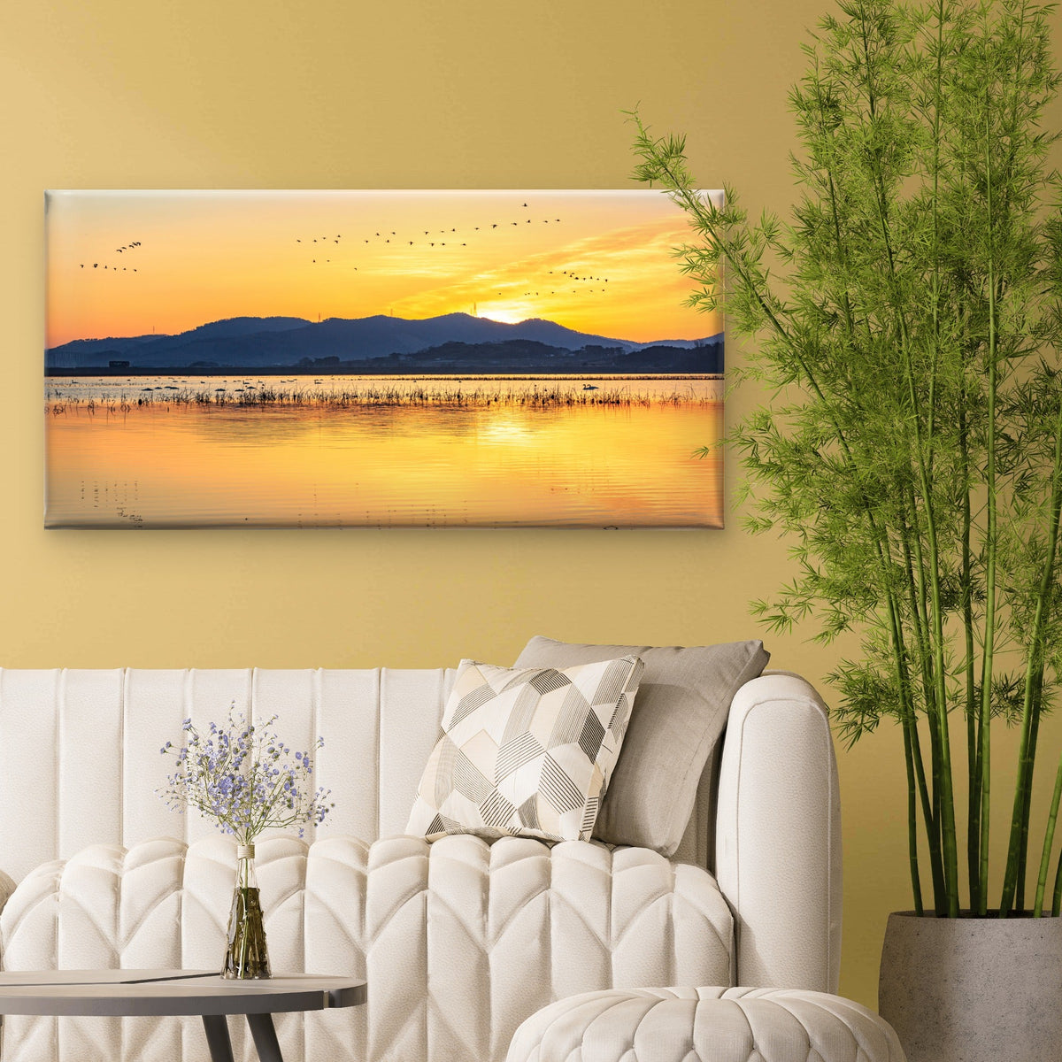 Sunset Lake Birds Flying Horizon Wall Art Canvas Office Home Room Framed 80x45cm