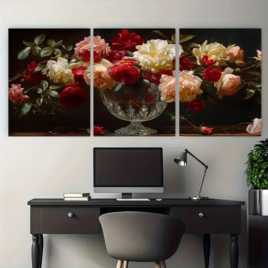 3pcs Vintage White Red Roses Floral Metal Print Ready to Hang Art