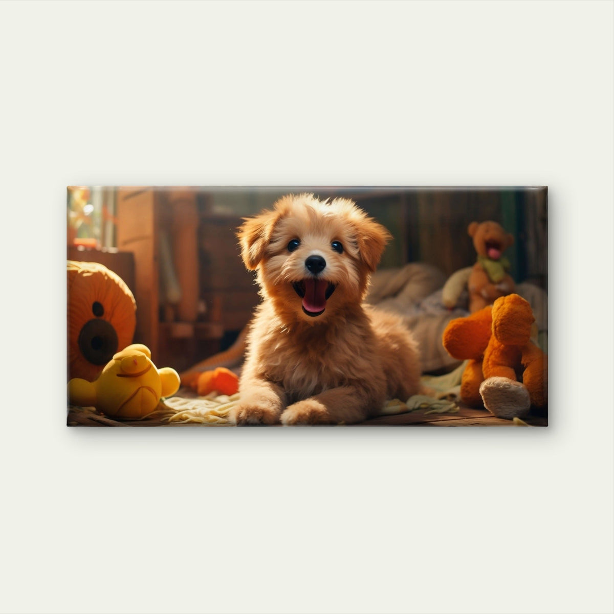 Fluffy Goldendoodle Puppy Happy Dog Room Wall Art Canvas Office Home Room Framed 80x45cm