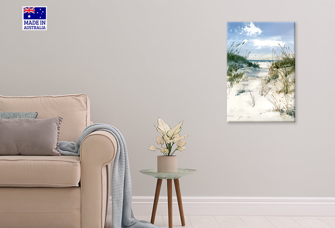 Neutral Sandy Beach Path with Grass Print 100% Australian Made 40x60cm Stretched Canvas Ready to Hang