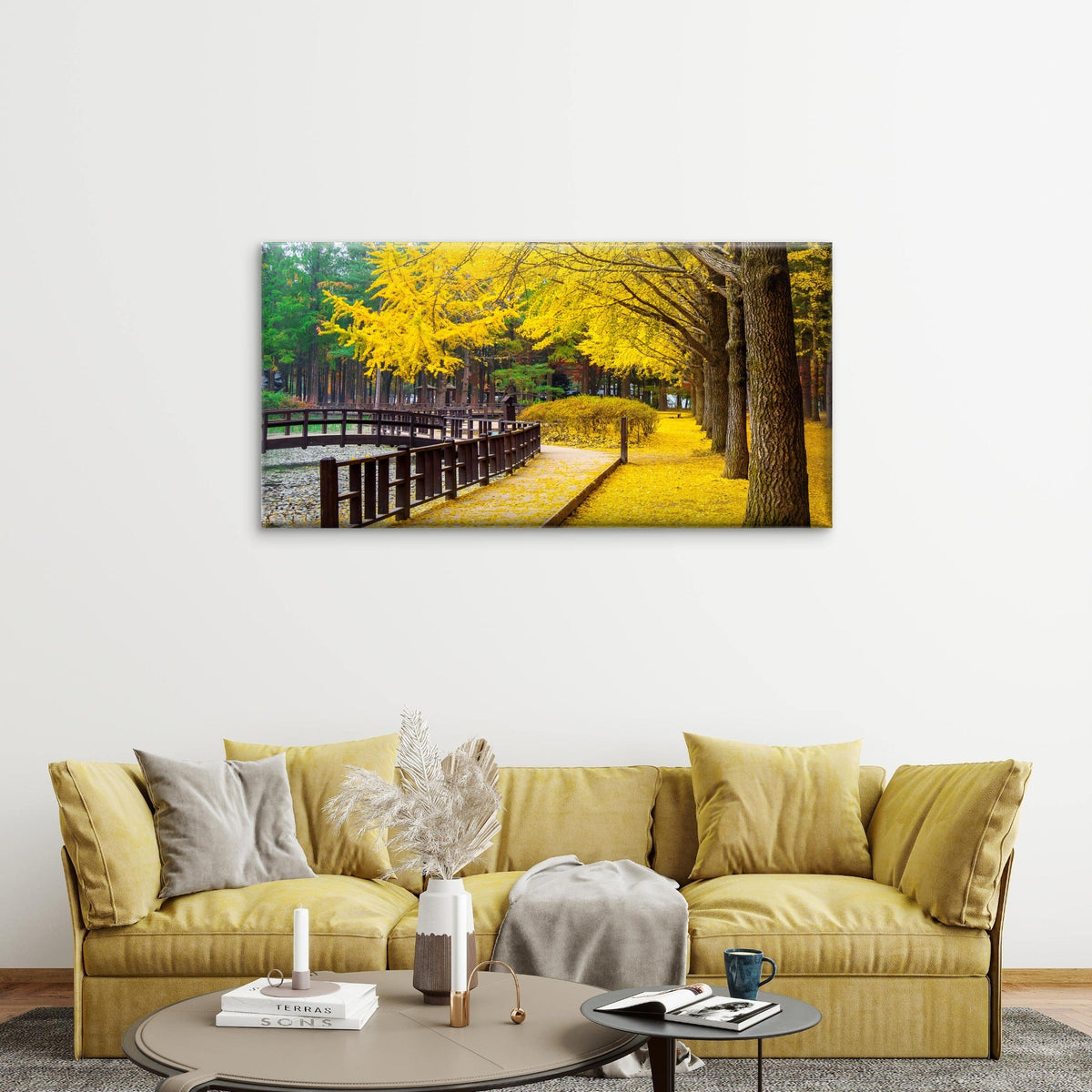 Autumn With Ginkgo Tree Nami Island Korea Wall Art Canvas Office Home Room Framed 80x45cm