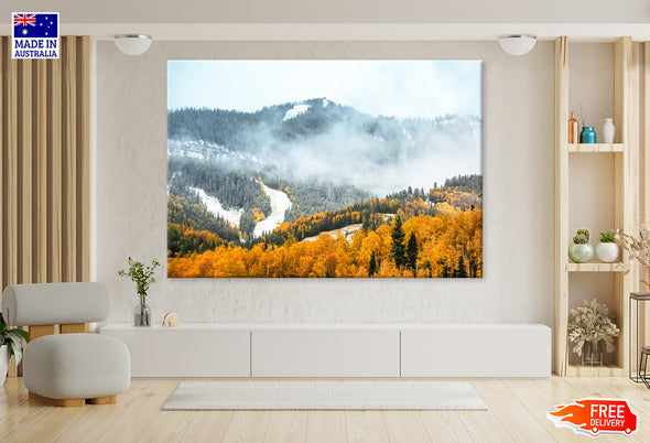 Foggy Mountain & Autumn Trees Print 100% Australian Made Stretched Canvas Ready to Hang - NT-107