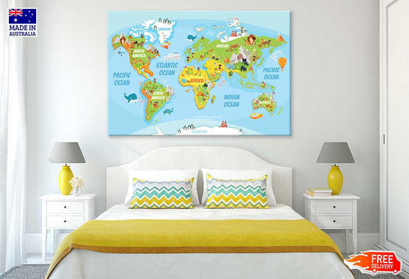 Global Map With Cartoon Animals Print 100% Australian Made Stretched Canvas Ready to Hang - MP-107