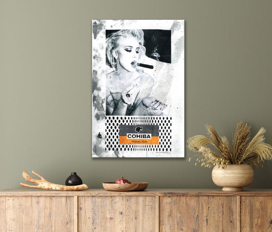 A Classic Woman Smoking a Cigarette in A Black and White Print 100% Australian Made 40x60cm Stretched Canvas Ready to Hang