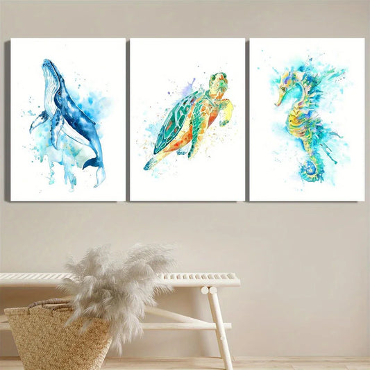 3pcs Sea animals turtle, seahorse, humpback whale Metal Print Ready to Hang Art