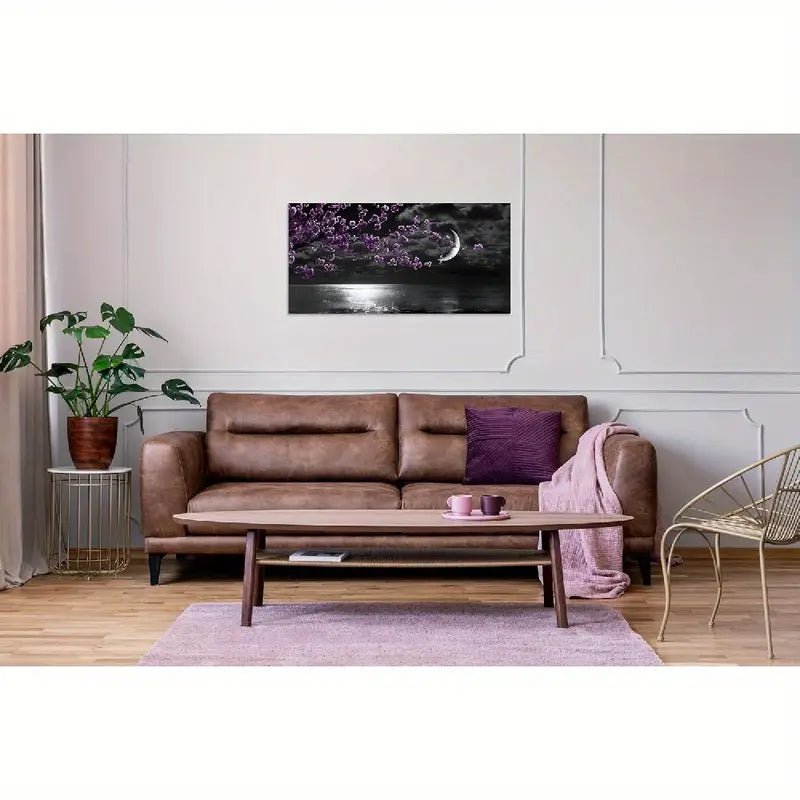 Black & White Seascape Moon & Purple Cherry Blossoms Wall Art canvas office home room framed 120x60cm