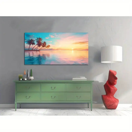 Beach Vintage Decor Ocean Trees Sunset Wall Art canvas office home room framed 80x45cm