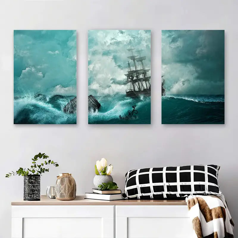 3pcs Shipwreck at Sea Waves Crashing Stormy Ocean Metal Print Ready to Hang Art