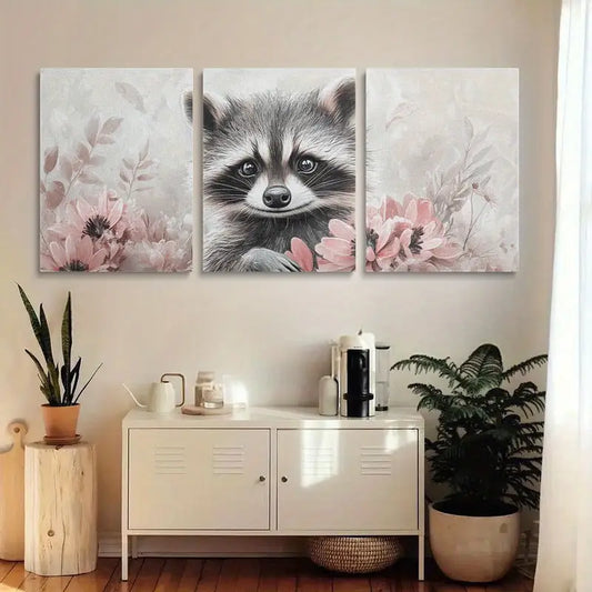 3pcs Cute raccoon surrounded by pink flowers Metal Print Ready to Hang Art