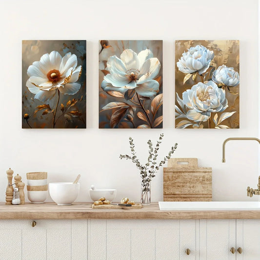 3pcs Luxurious Peony Elegant Floral Blossom Classic Design Metal Print Ready to Hang Art