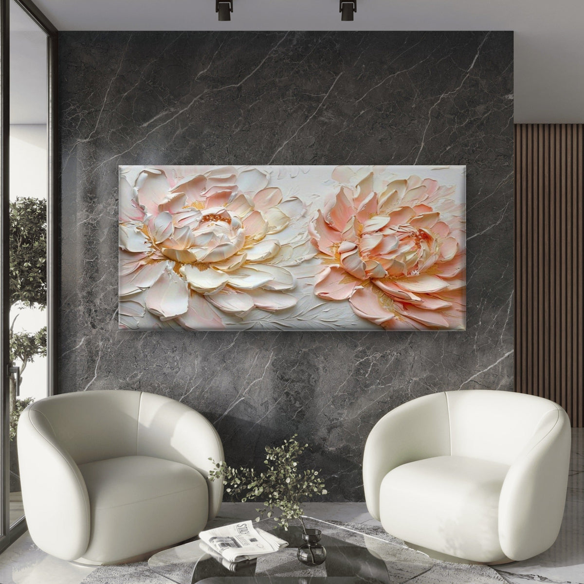 Pastel Peonies in Bloom Floral Wall Art Canvas Office Home Room Framed 80x45cm