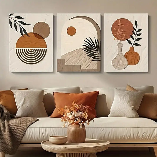 3pcs Bohemian Style Beige and Orange Abstract Metal Print Ready to Hang Art