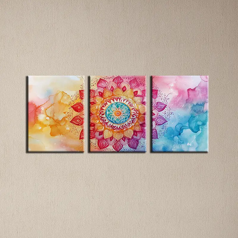 3pcs Watercolor Beautiful Mandala Flower Design Metal Print Ready to Hang Art