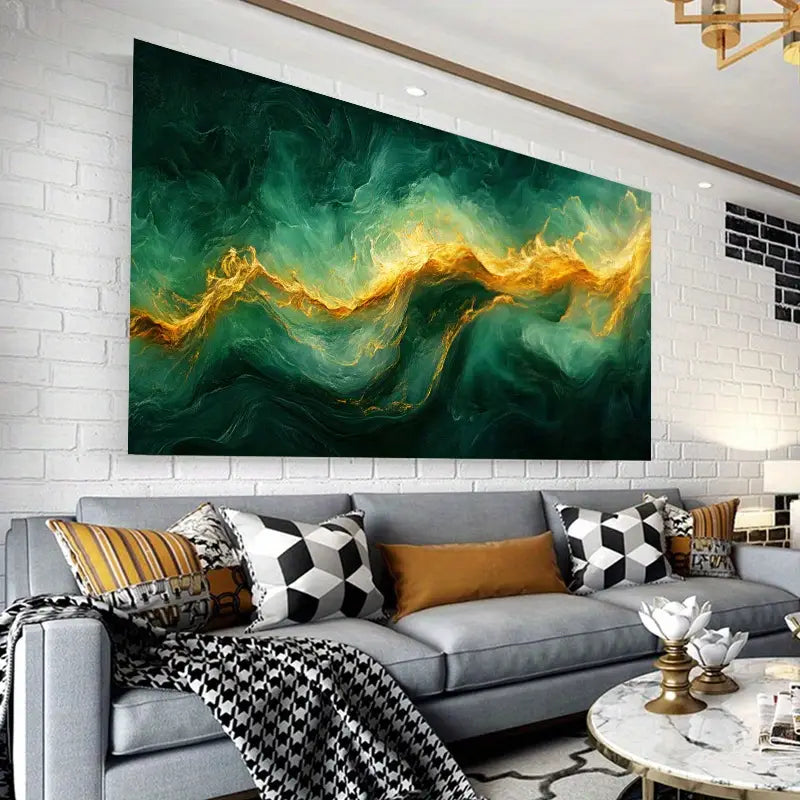 Golden Fluid Painting with Green Accents Design Wall Art wall canvas office home room framed 120x60cm