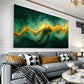 Golden Fluid Painting with Green Accents Design Wall Art wall canvas office home room framed 80x45cm