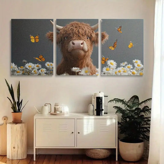 3pcs Highland Cow with Daisies & Butterflies, Whimsical Metal Print Ready to Hang Art