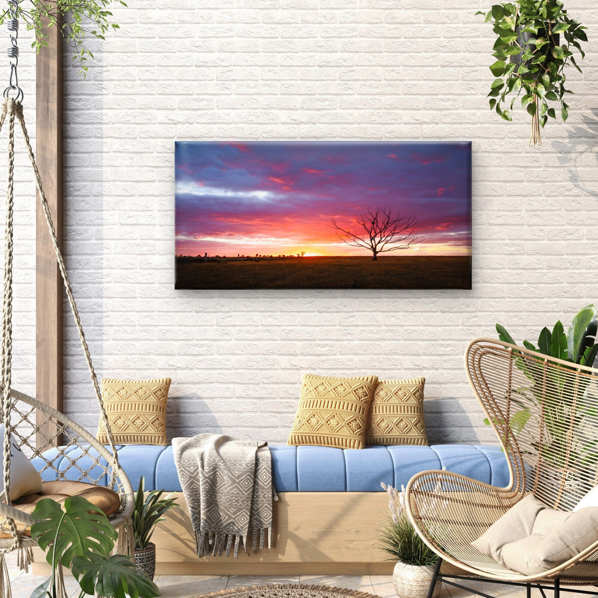 Field Covered Greenery With Bare Tree Cloudy Sky Pink Sunset Wall Art Canvas Office Home Room Framed 120x60cm