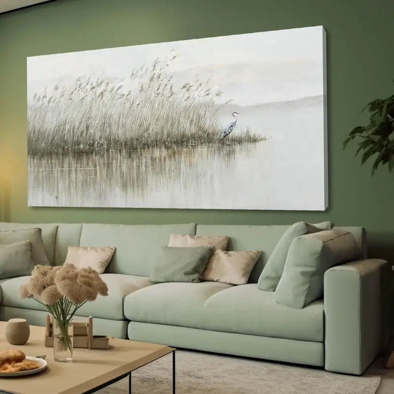 Vintage Reed & Egret Serene Nature Wall Art canvas office home room framed 120x60cm
