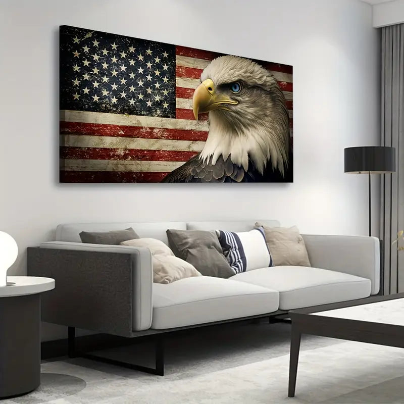 Vintage American Flag Majestic Eagle Design Wall Art canvas office home room framed 120x60cm