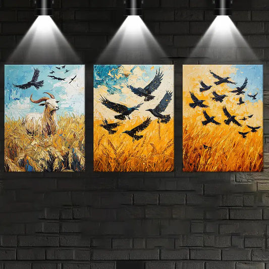 3pcs Contemporary Wheat & Animal Design Golden Metal Print Ready to Hang Art
