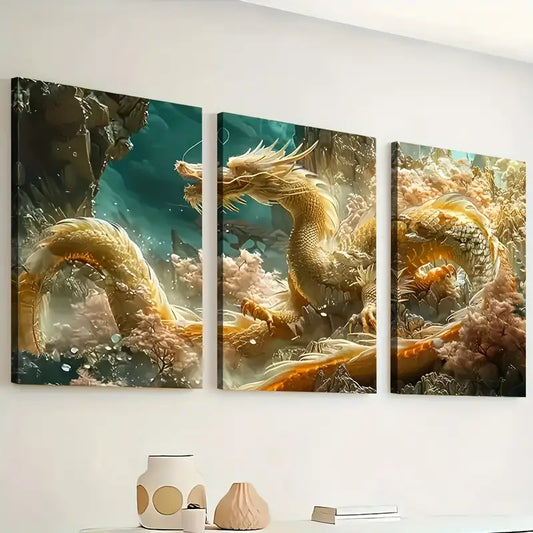 3pcs Golden Dragon Abstract Art Landscape Wall Art Set Canvas Framed 40x60cm - High Quality Print 100% Australian Made Wall Canvas Ready to Hang