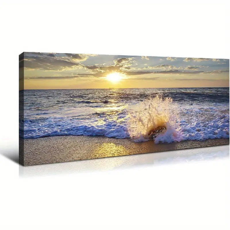 Ocean Blue Waves Beach Sunset Wall Art canvas office home room framed 120x60cm