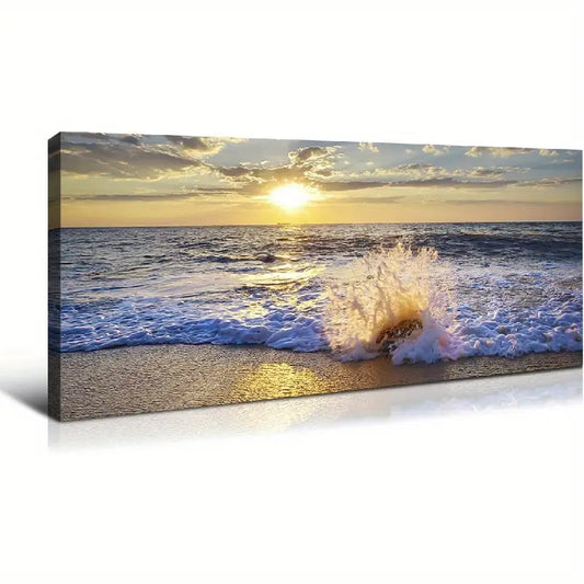 Ocean Blue Waves Beach Sunset Wall Art canvas office home room framed 120x60cm