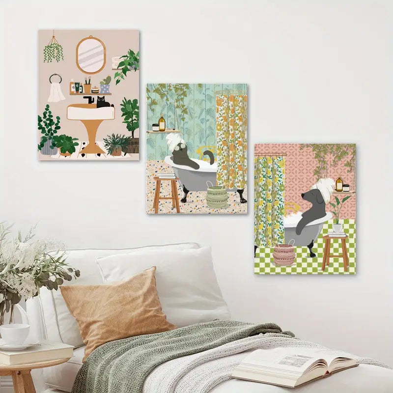 3pcs Ink Animal Print Cat, Dog Classic Bathroom Design Metal Print Ready to Hang Art
