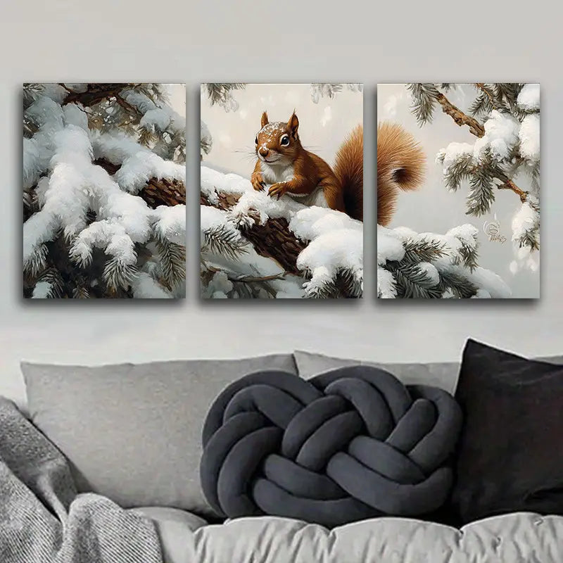 3pcs Rustic Squirrel on Branch Metal Print Ready to Hang Art