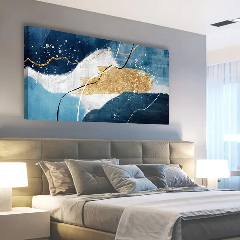 Blue Gold Abstract White Black Blue Lines Wall Art canvas office home room framed 120x60cm