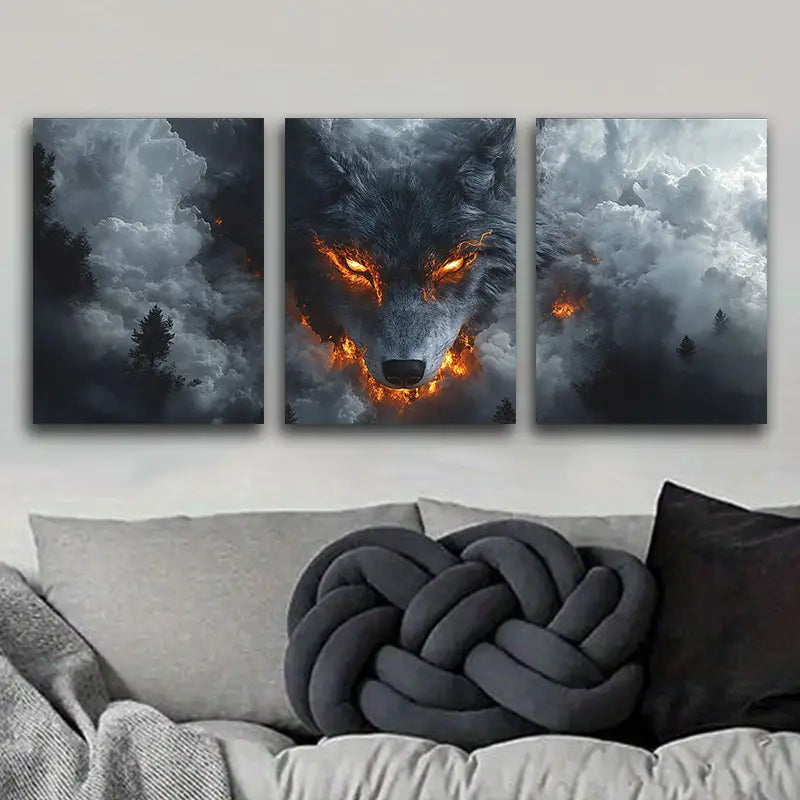 3pcs A White Wolf with Fiery Eyes Metal Print Ready to Hang Art