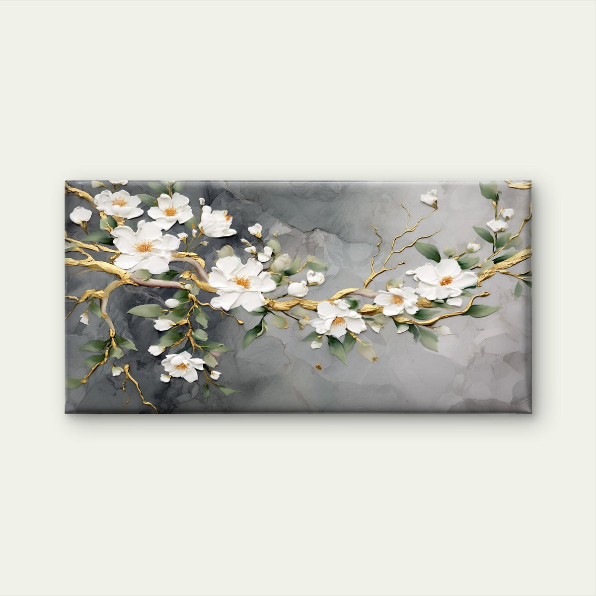 Abstract White Plum Golden Branch Wall Art Canvas Office Home Framed 120x60cm