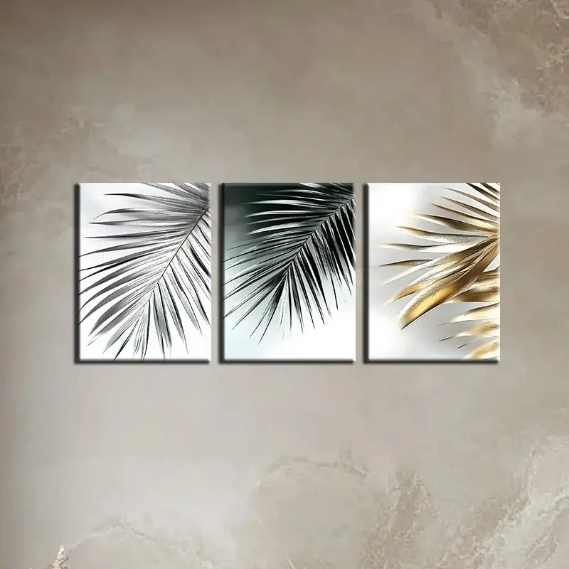 3pcs Abstract Leaves Green Gold Classic Design Metal Print Ready to Hang Art