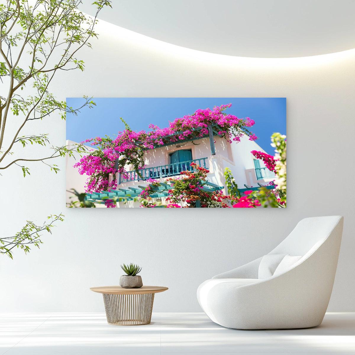 Vibrant Pink Greek House Wall Art Canvas Office Home Room Framed 120x60cm