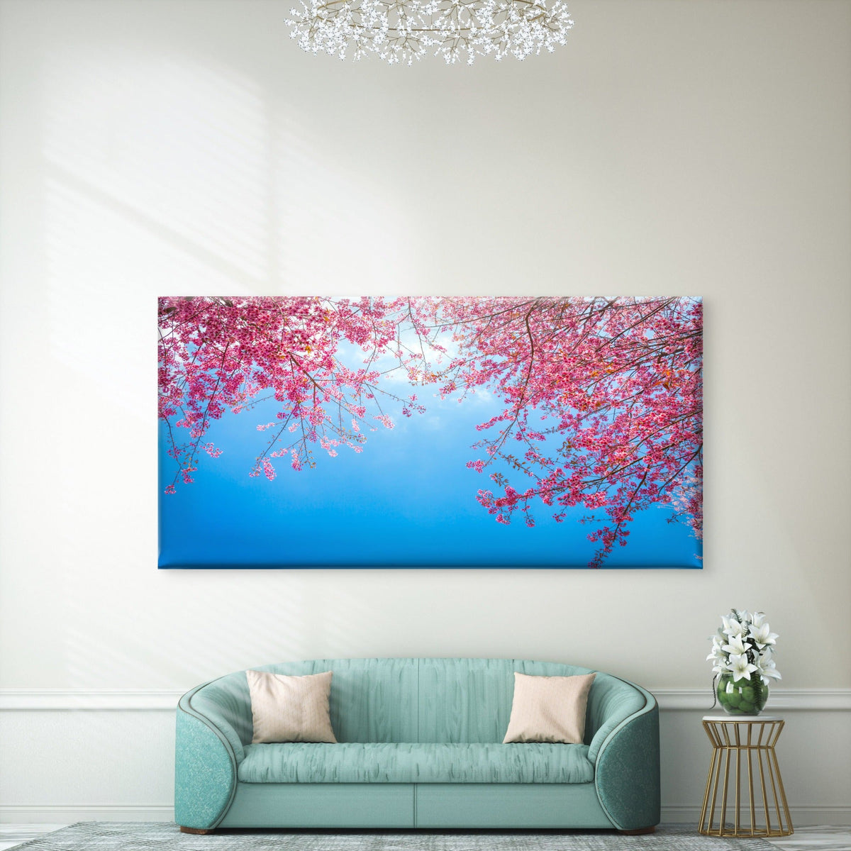 Pink Blossoms Blue Sky Wall Art Canvas Office Home Room Framed 80x45cm