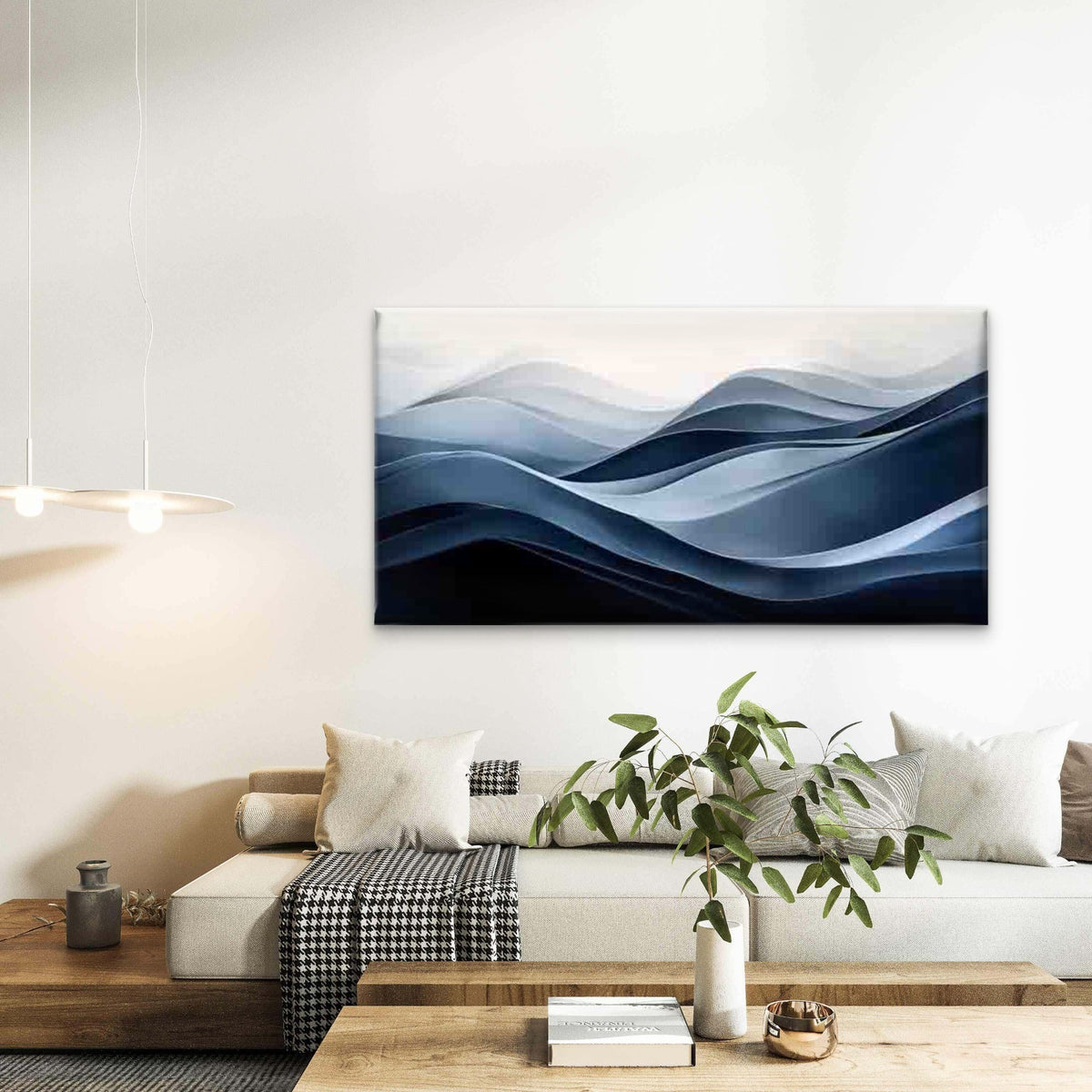 Abstract Wave Design in Blue Wall Art Canvas Office Home Room Framed 120x60cm