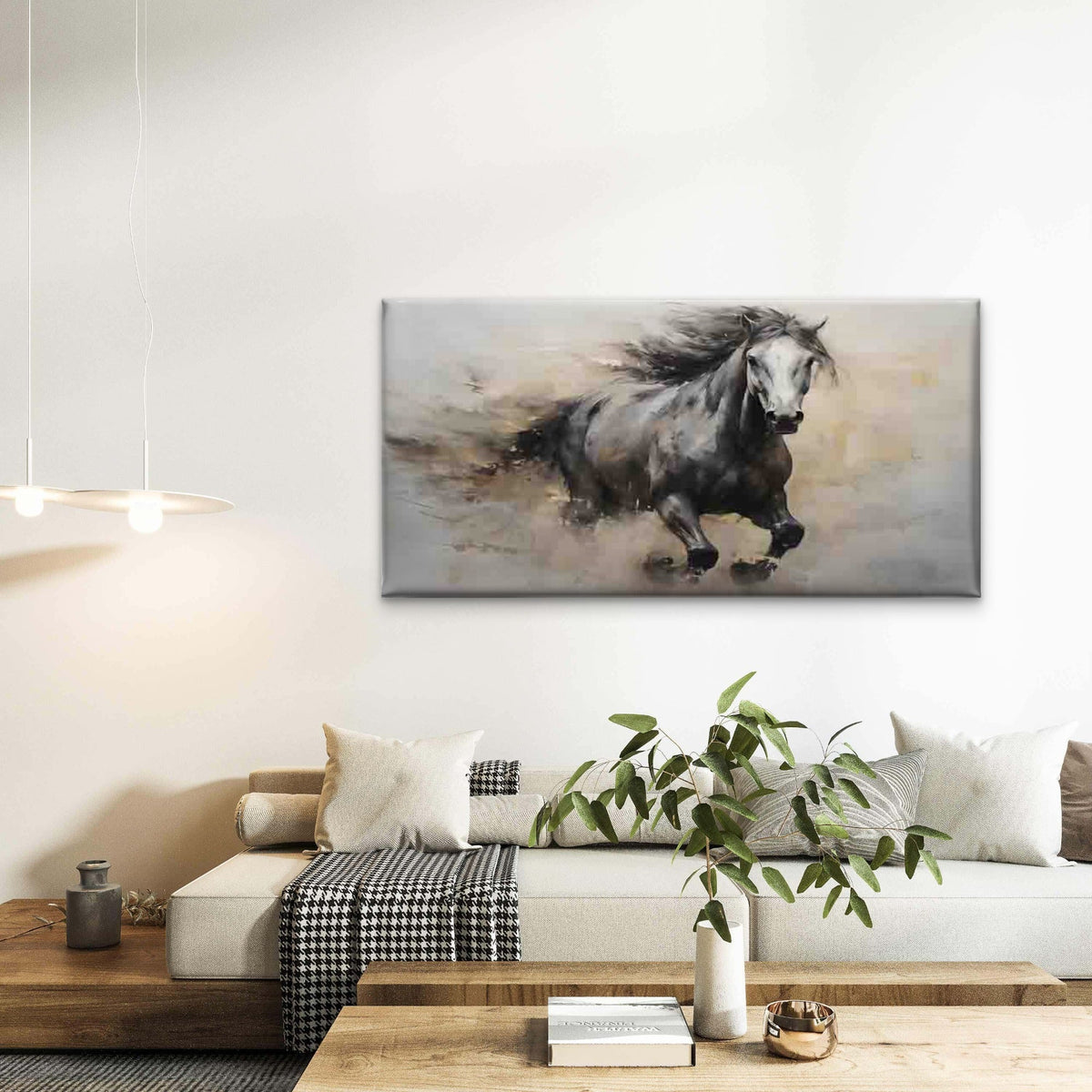 Running Black Horse Wall Art Canvas Office Home Room Framed 120x60cm