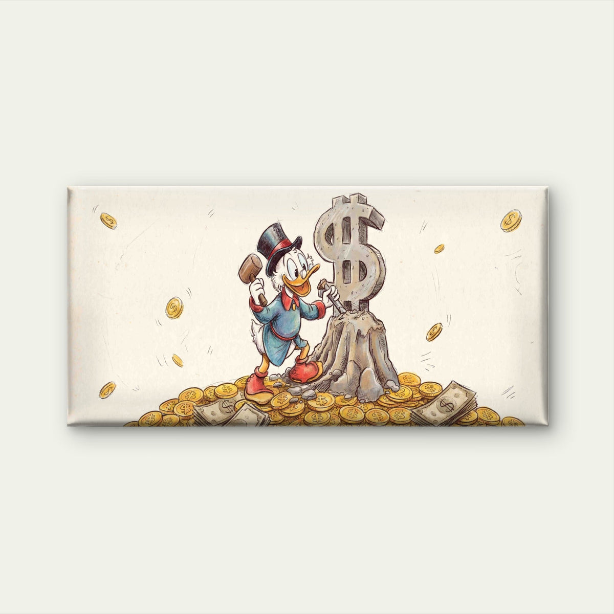 Golden Money Duck Sketch Wall Art Canvas Office Home Room Framed 120x60cm