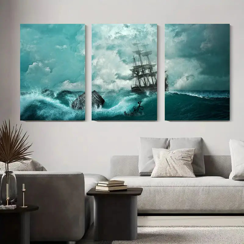 3pcs Shipwreck at Sea Waves Crashing Stormy Ocean Metal Print Ready to Hang Art