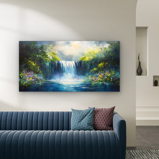 Waterfall Painting Nature Scene Wall Art Canvas Office Home Room Framed 80x45cm