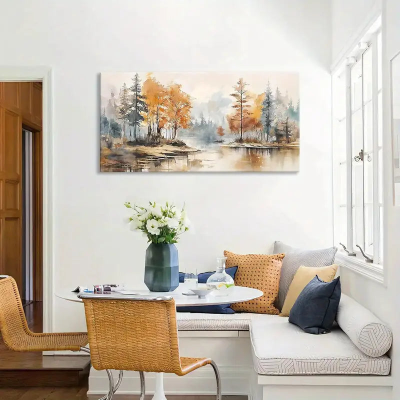 Autumn Lakeside Forest Wall Orange & Yellow Fall Foliage Art canvas office home room framed 120x60cm
