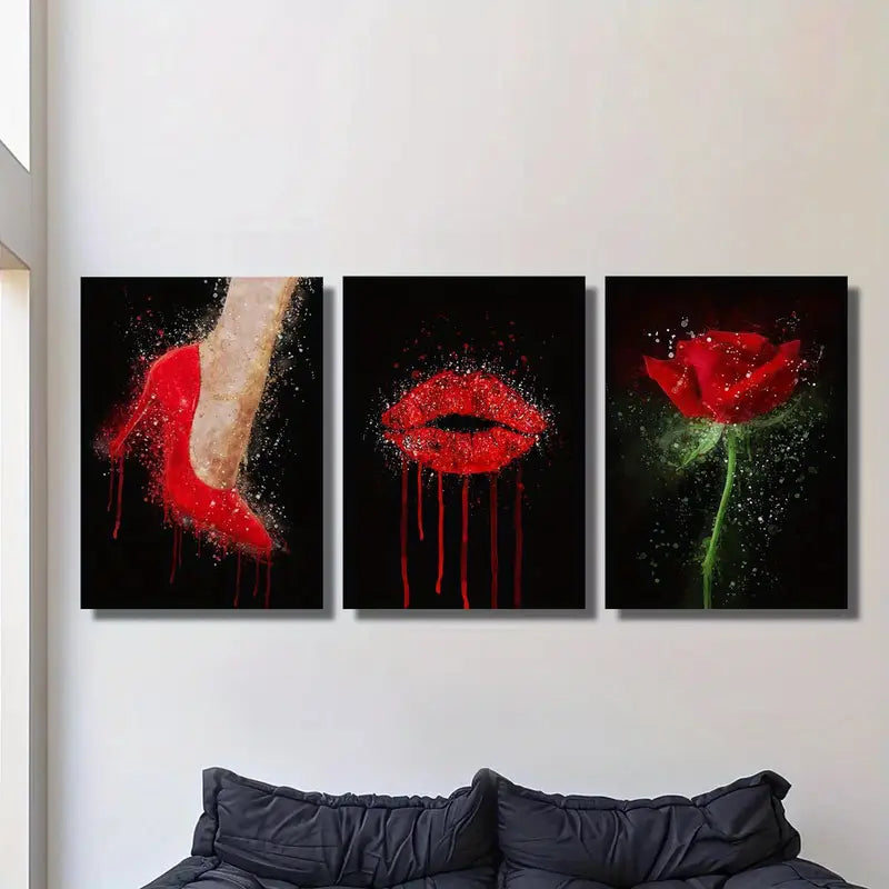 3pcs Abstract Fashion Red High Heels, Lips, Red Rose Metal Print Ready to Hang Art