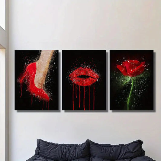 3pcs Abstract Fashion Red High Heels, Lips, Red Rose Metal Print Ready to Hang Art