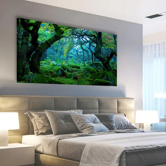 Green Forest Nature Scene Mossy Rocks & Lush Trees Wall Art canvas office home room framed 120x60cm