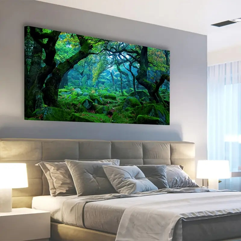 Green Forest Nature Scene Mossy Rocks & Lush Trees Wall Art canvas office home room framed 120x60cm